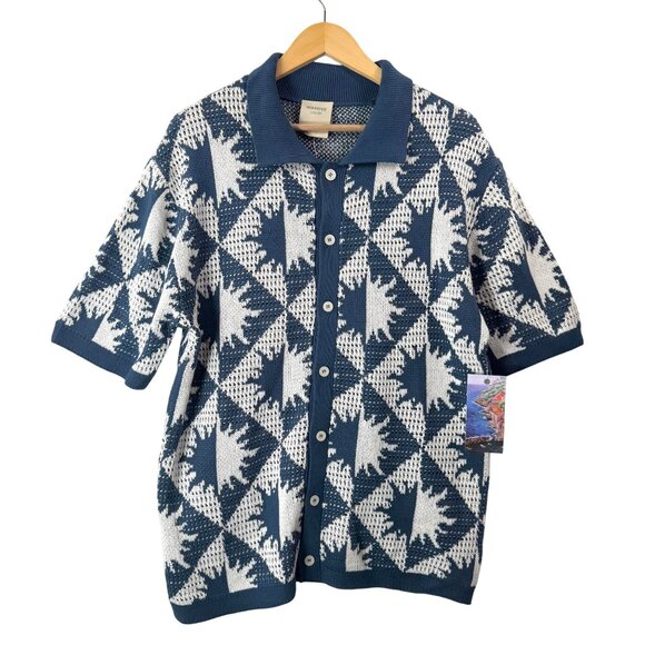 Massive Luxury Mens Crochet knit‎ grandpa cardigan blue beach sz L - Picture 1 of 7